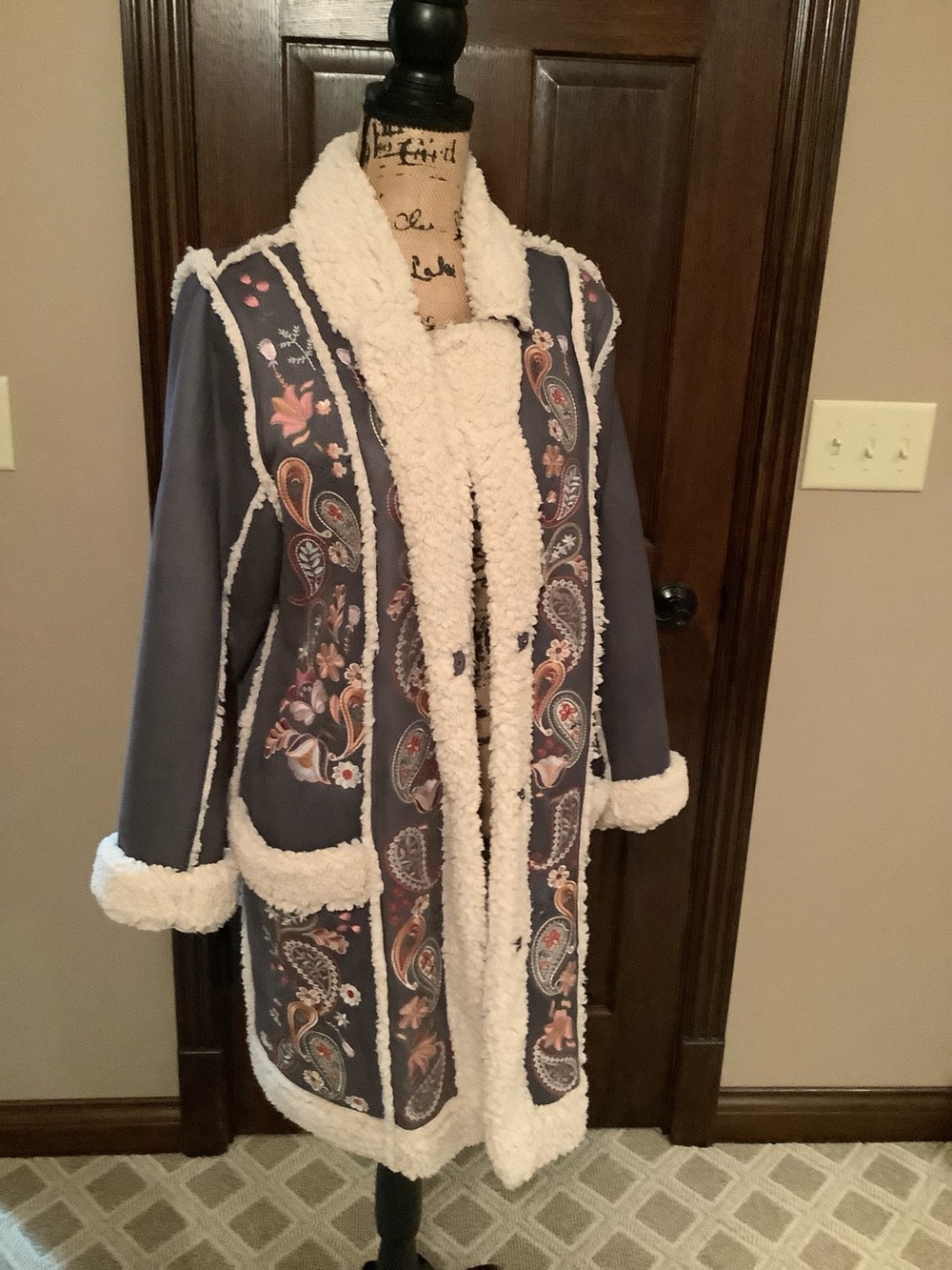 Johnny Was Slate Blue Embroidered Teddy Coat with Cream Shearling Trim